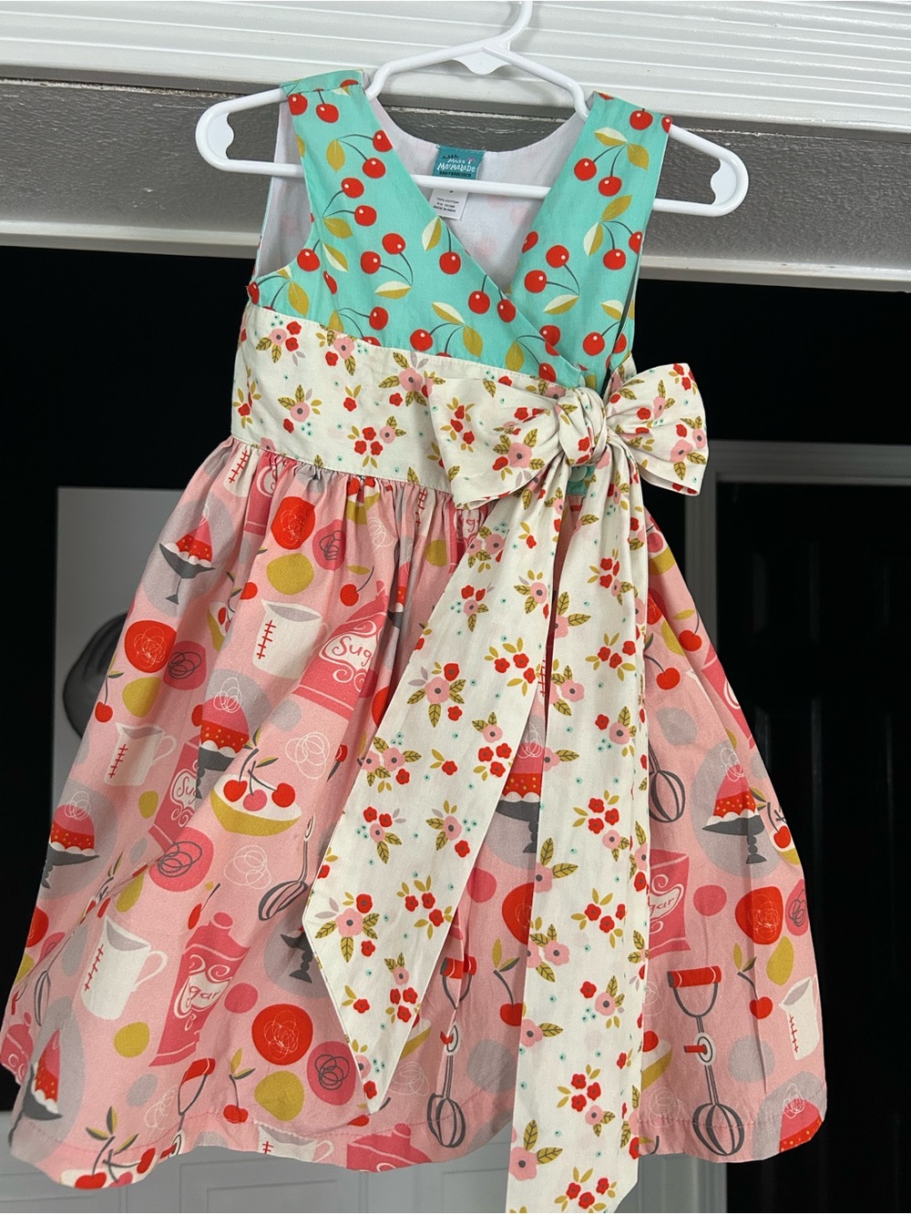 Little Miss Marmalade Pink Cherry & Teal Bow Waist Casual Dress